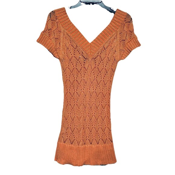 Cache Orange Metallic Short Sleeve V-Neck Fitted Sweater / Tunic Medium VTG - Picture 2 of 5